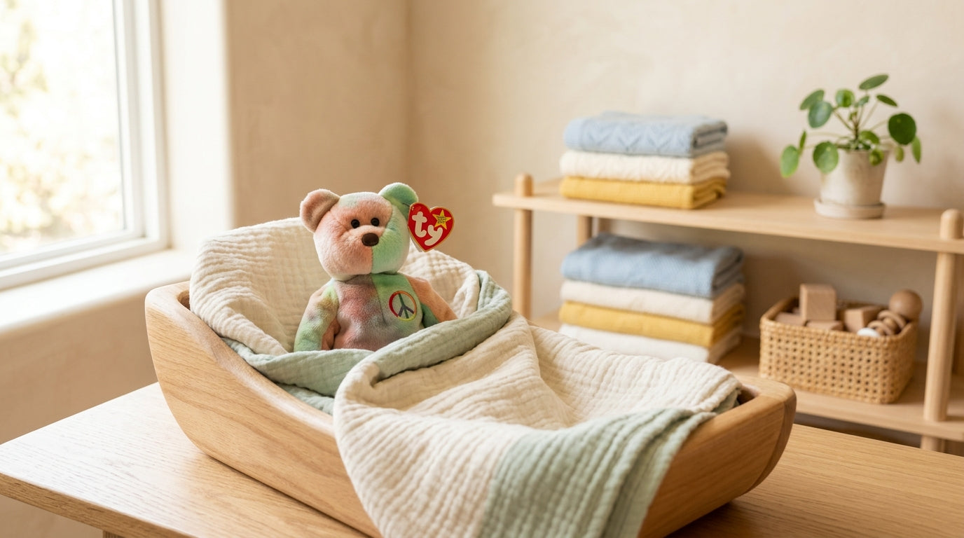 A worn vintage plush cat sitting on a high shelf out of reach of twin toddlers