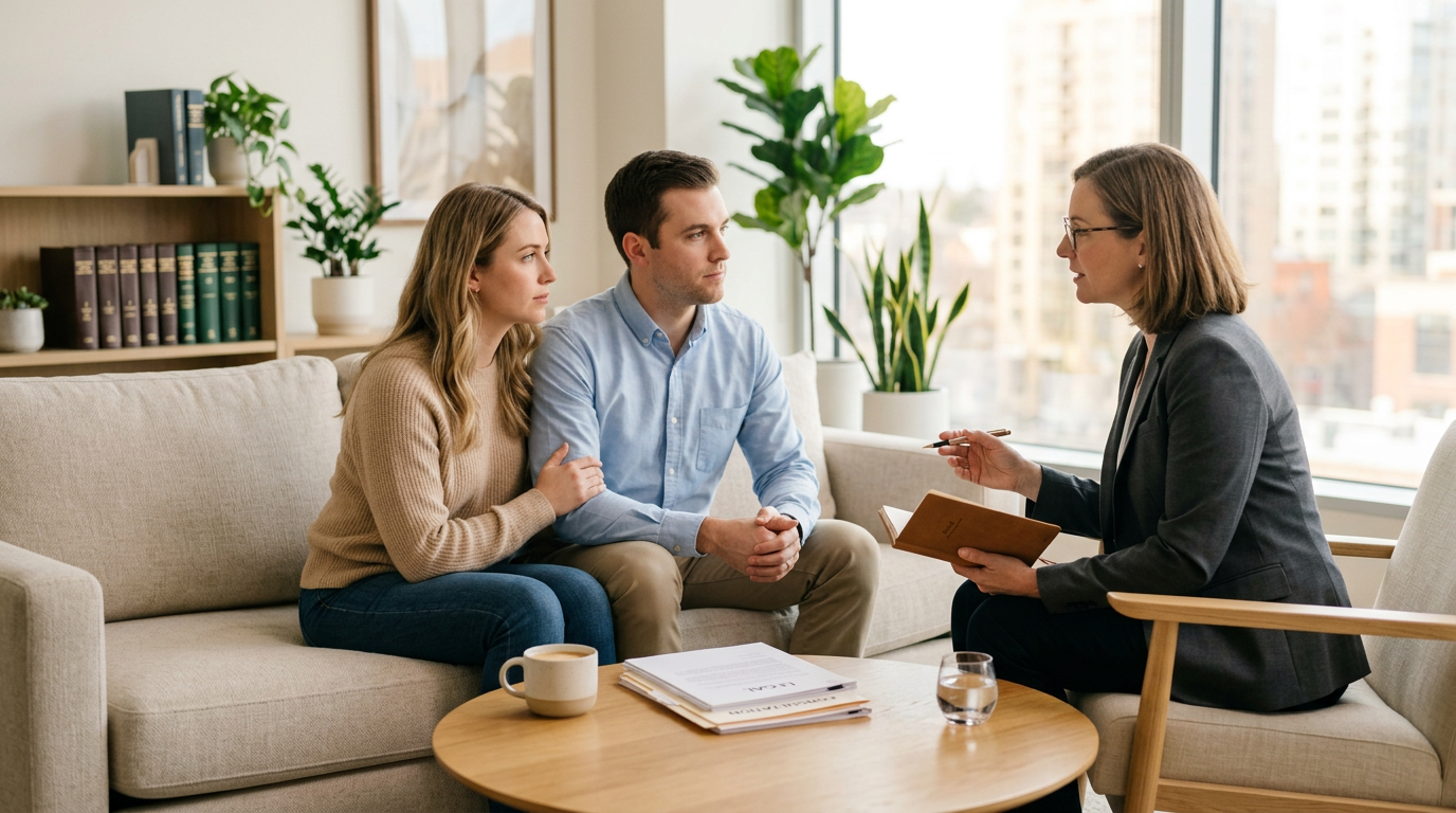 Stressed mom holding a baby while looking at a laptop and drinking coffee