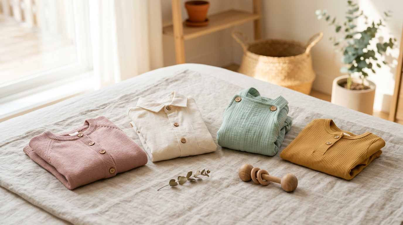 A pile of baby clothes on a changing table in the middle of the night