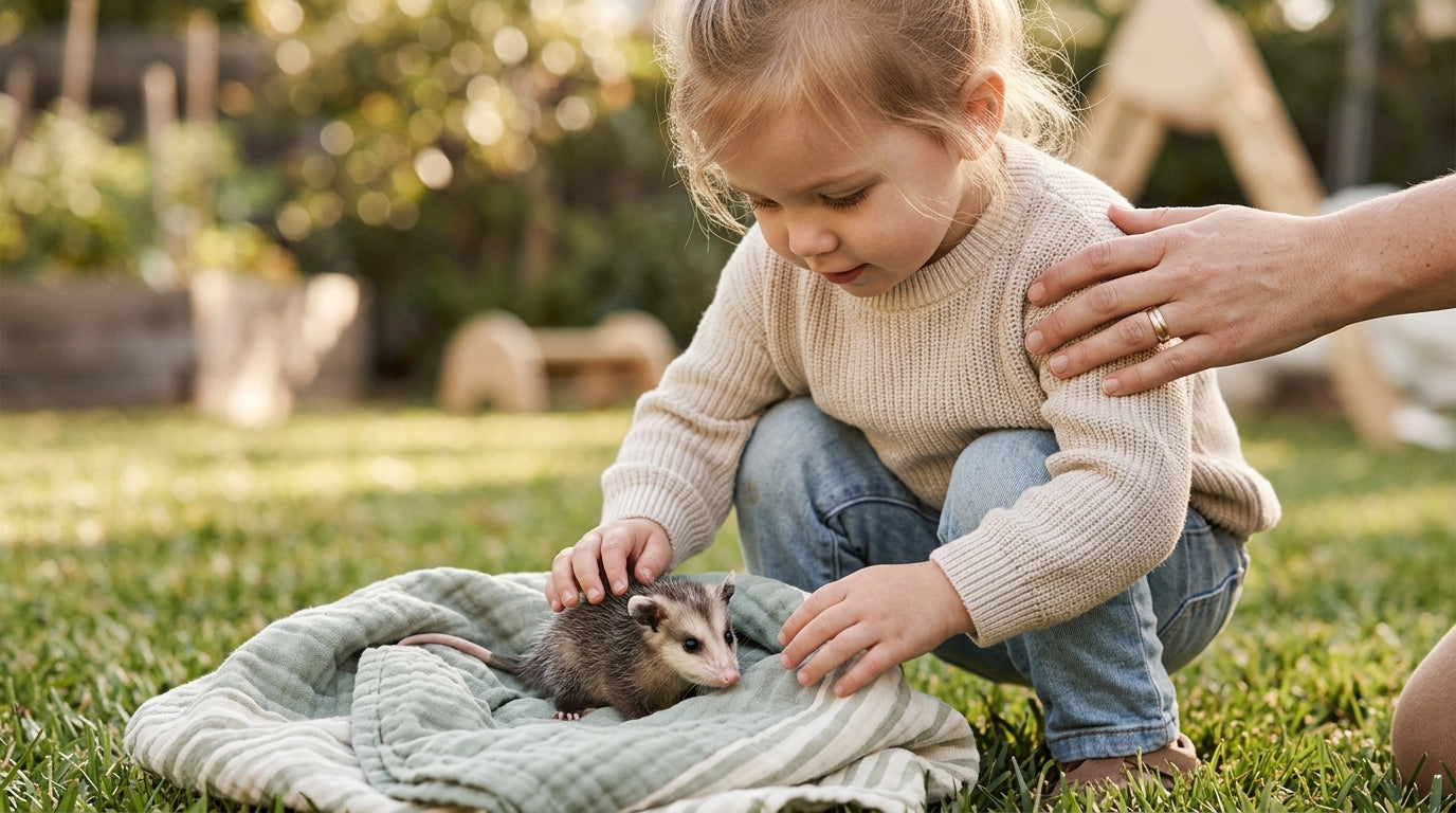 A small baby opossum sitting in the grass near a garden compost bin