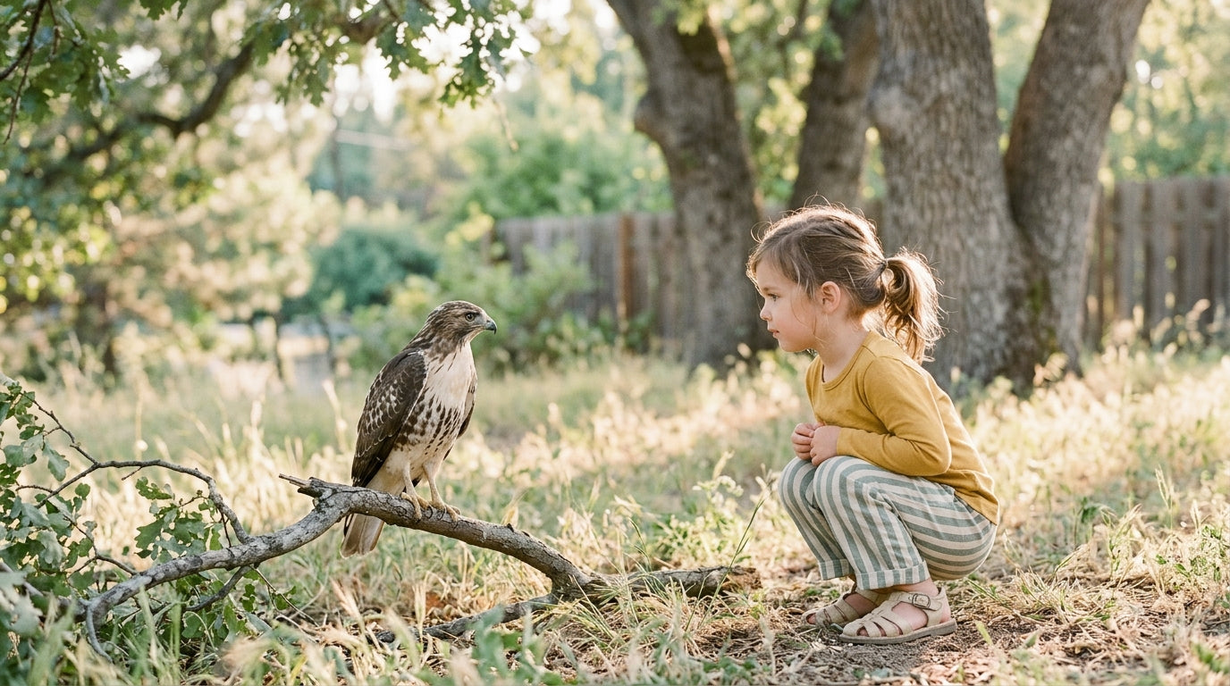 Little girl pointing at a fledgling bird of prey in the backyard grass