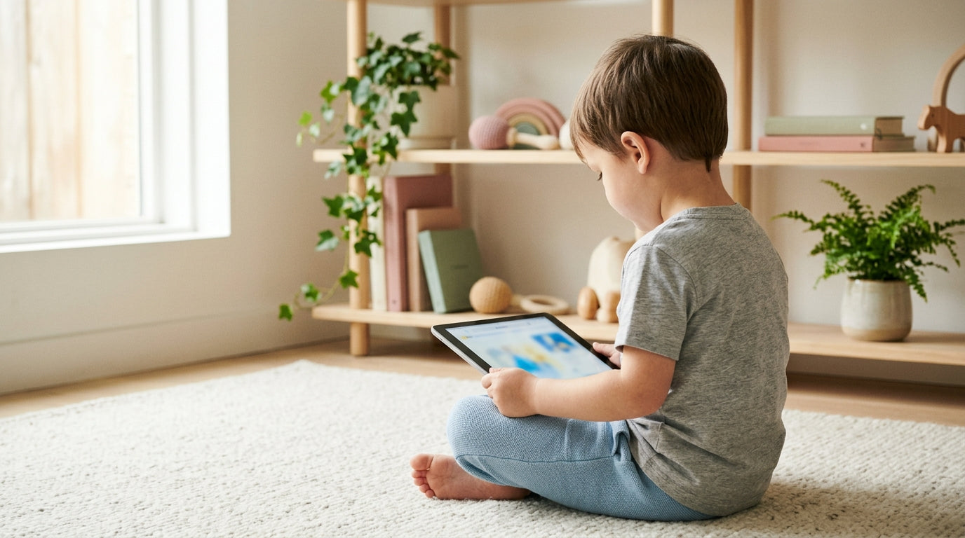 A wooden tablet holder next to a child's wooden play gym in a messy living room.