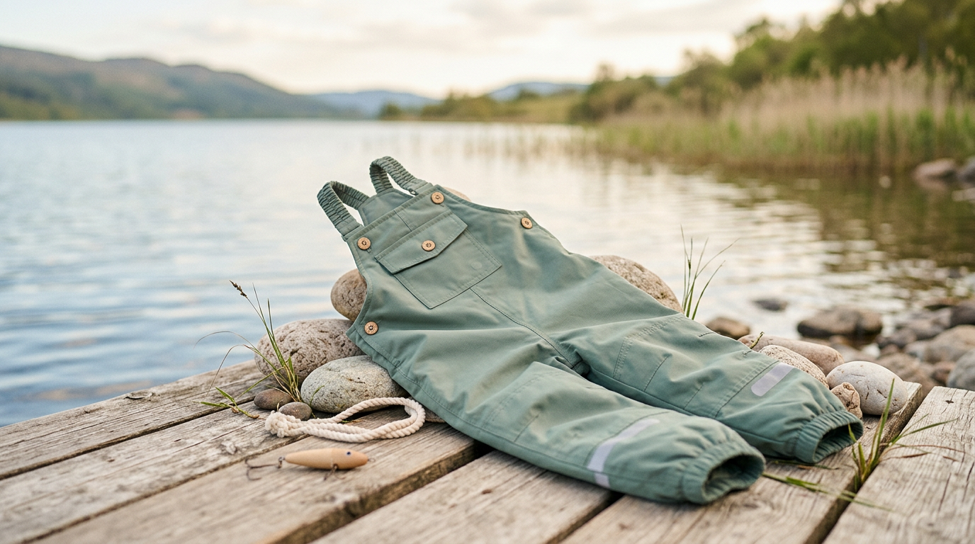 Little girl wearing bright yellow waterproof overalls sitting on a damp wooden dock