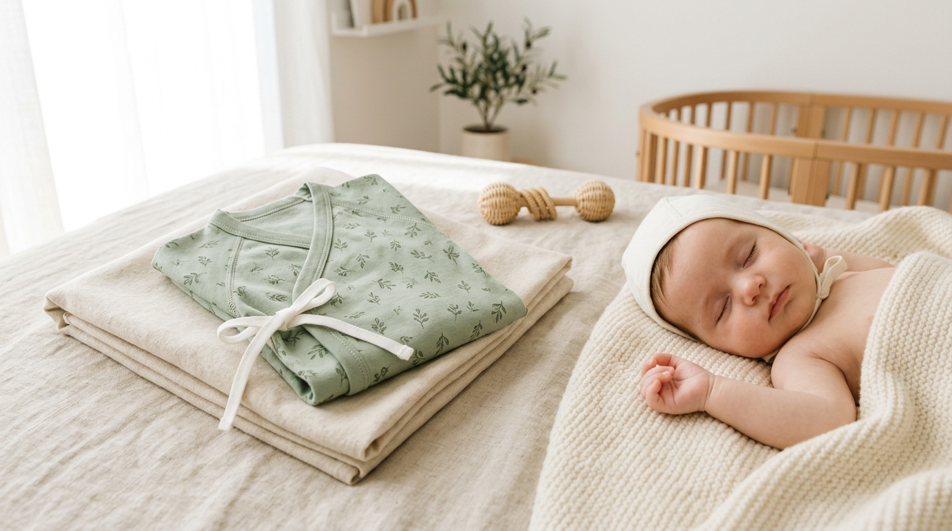 Newborn in an organic cotton wrap top on a changing table