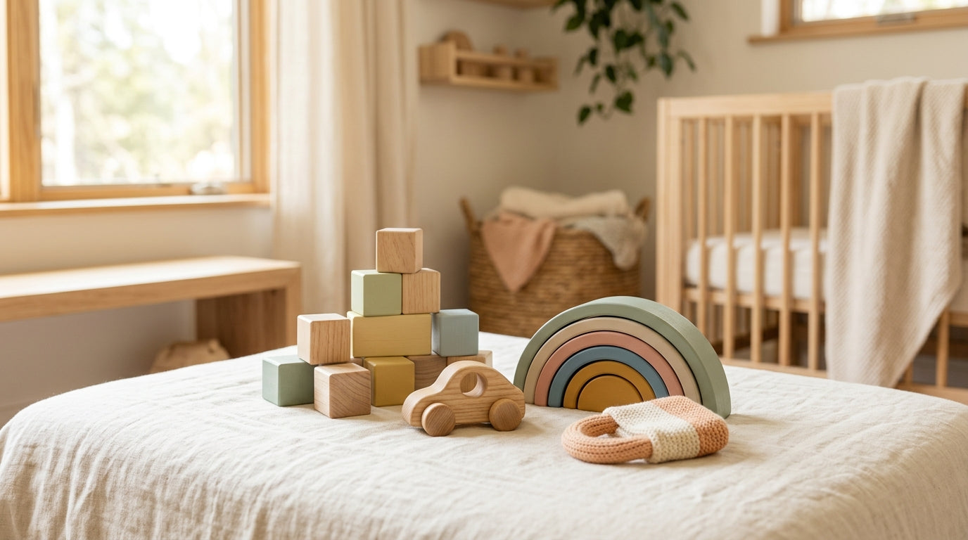 A chaotic playroom floor mostly cleared off leaving a few wooden toddler toys.
