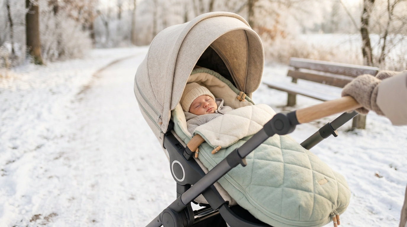 A grey stroller footmuff lined with natural wool in a snowy park