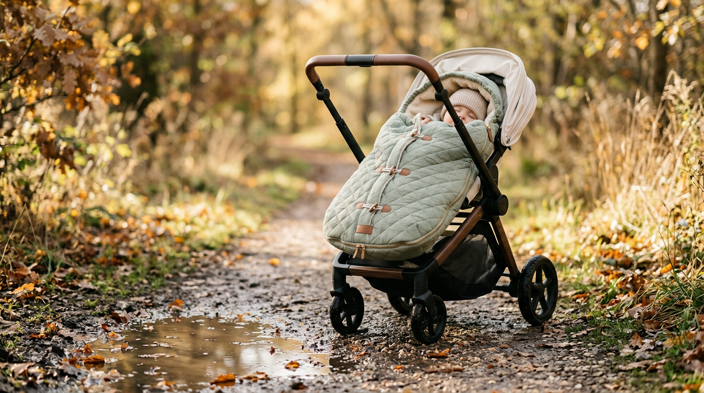 Organic cotton buggy sleeping bag surviving a rainy London park walk