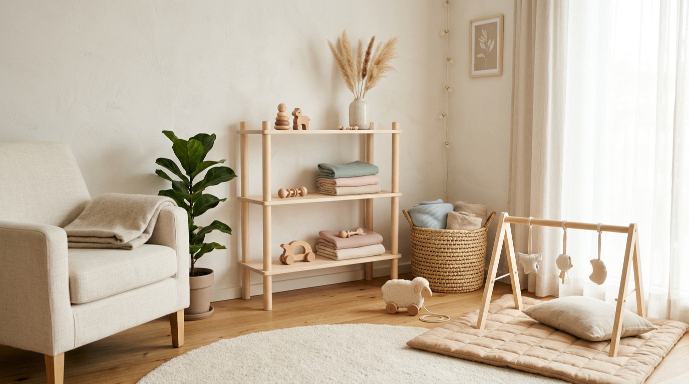 Toddler sitting on an organic cotton playmat next to natural fiber storage baskets