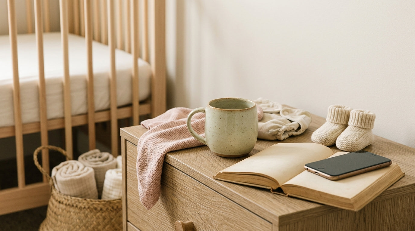 A sleep-deprived dad holding an 11-month-old baby in a modern kitchen.