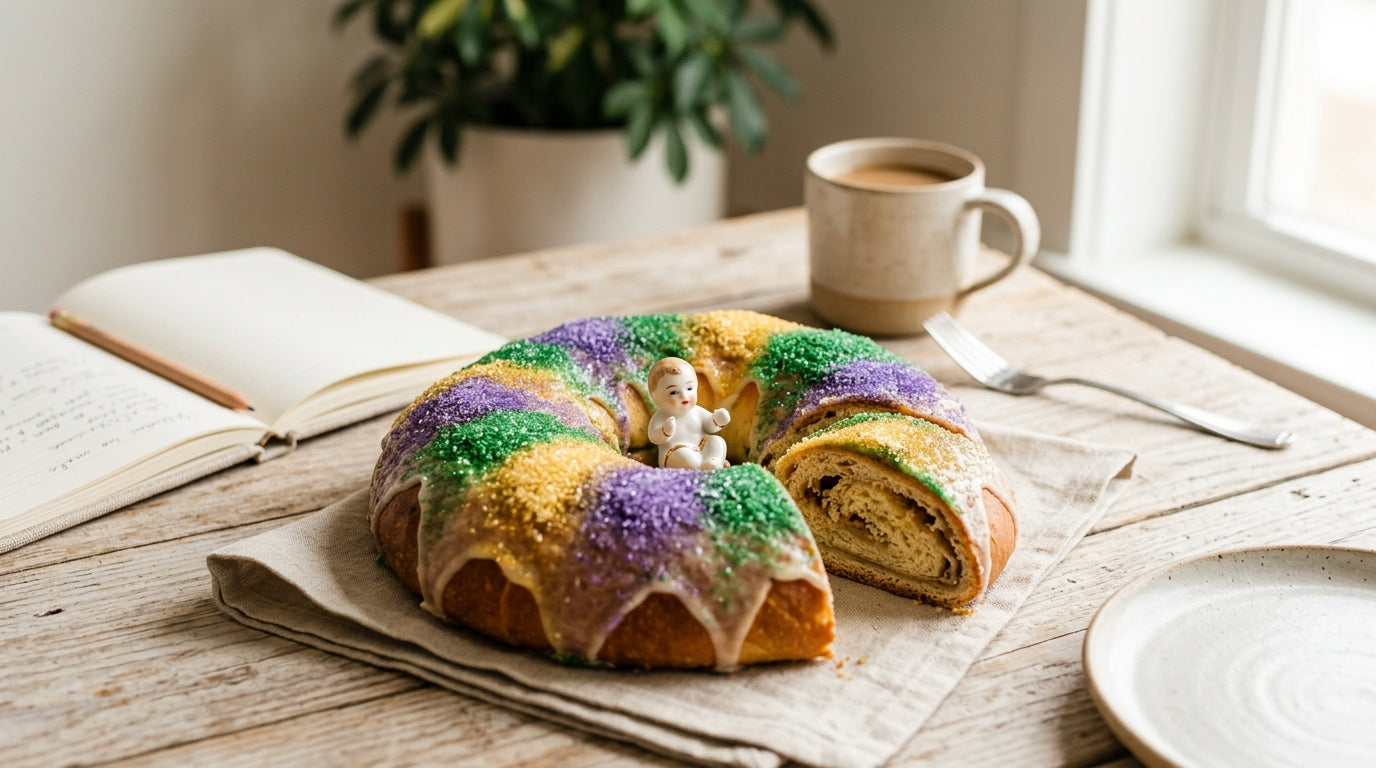 A small plastic figurine sitting next to a slice of colorful frosted pastry on a wooden table.