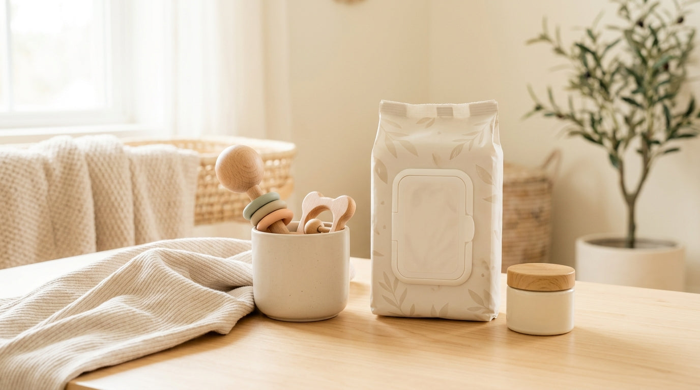 A stressed mom holding a coffee mug next to a box of Kirkland baby wipes.