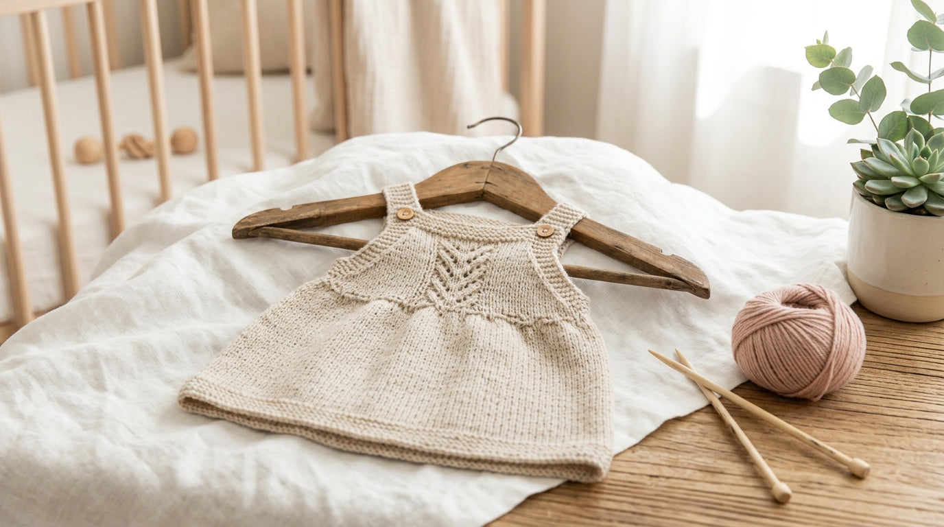 A half-finished knitted baby dress next to a messy cup of coffee and yarn.