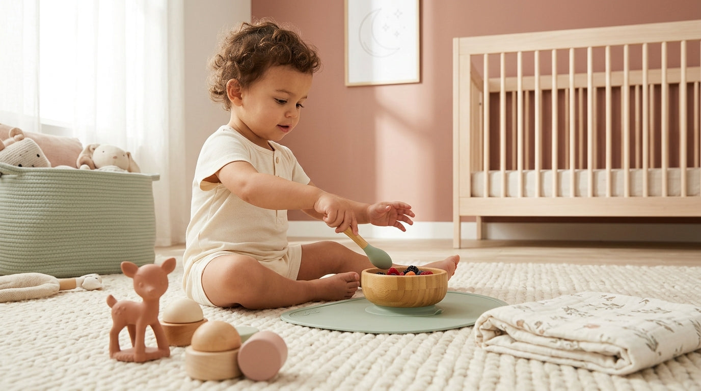 Toddler dressed in a pink sweater mimicking the K-Pop Demon Hunters character.