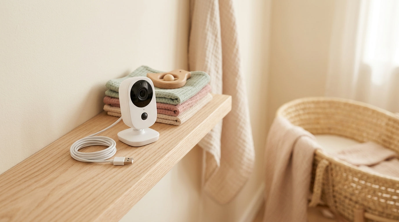 Sarah holding a smashed wifi baby monitor next to a tangled cord in a nursery