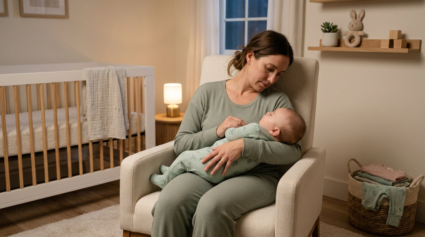 Exhausted dad staring at a laptop searching for a kyte baby discount code