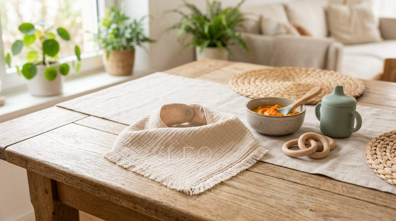 A tired father holding two identical personalized baby bibs in a messy kitchen.