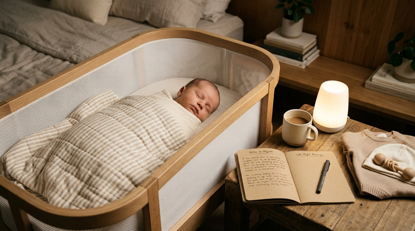 A tired mother looking at her phone in a dark nursery