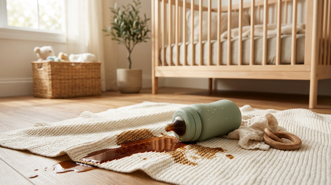 A spilled cup of coffee on a kitchen counter next to a smartphone showing a celebrity baby news headline