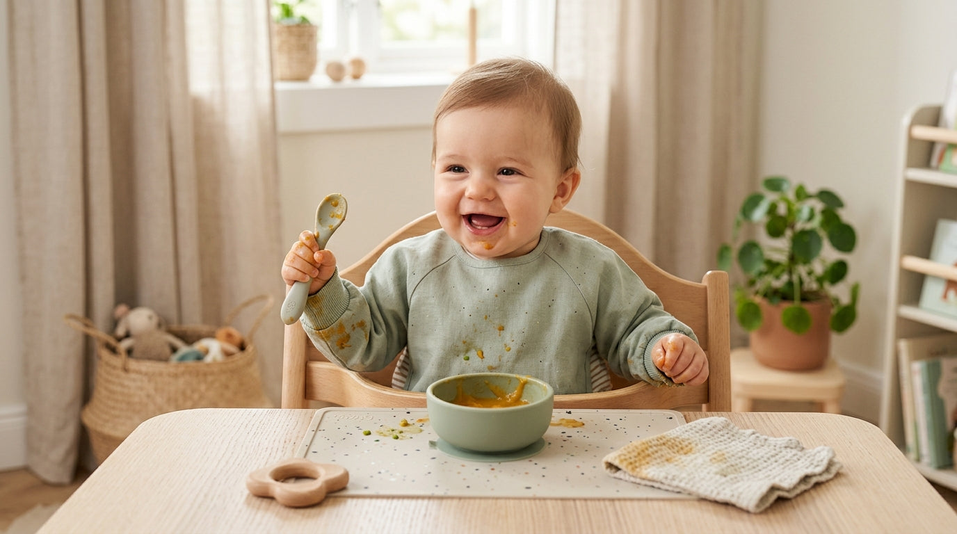 Toddler covered in tomato sauce wearing a wipeable sleeved bib