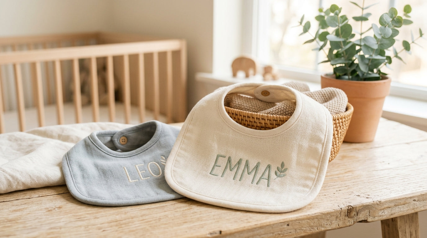 Baby wearing a personalized organic cotton bib