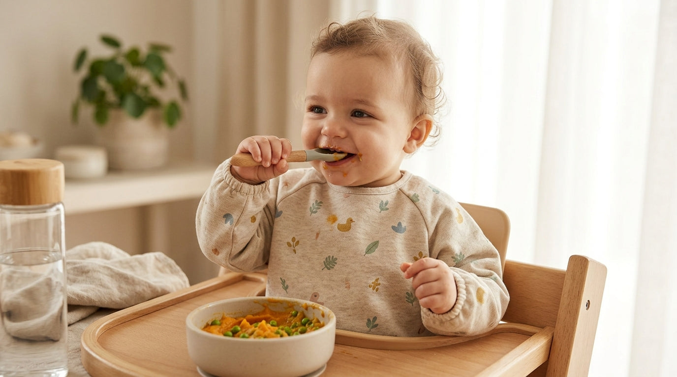 Toddler wearing a long sleeve smock covered in spaghetti sauce.
