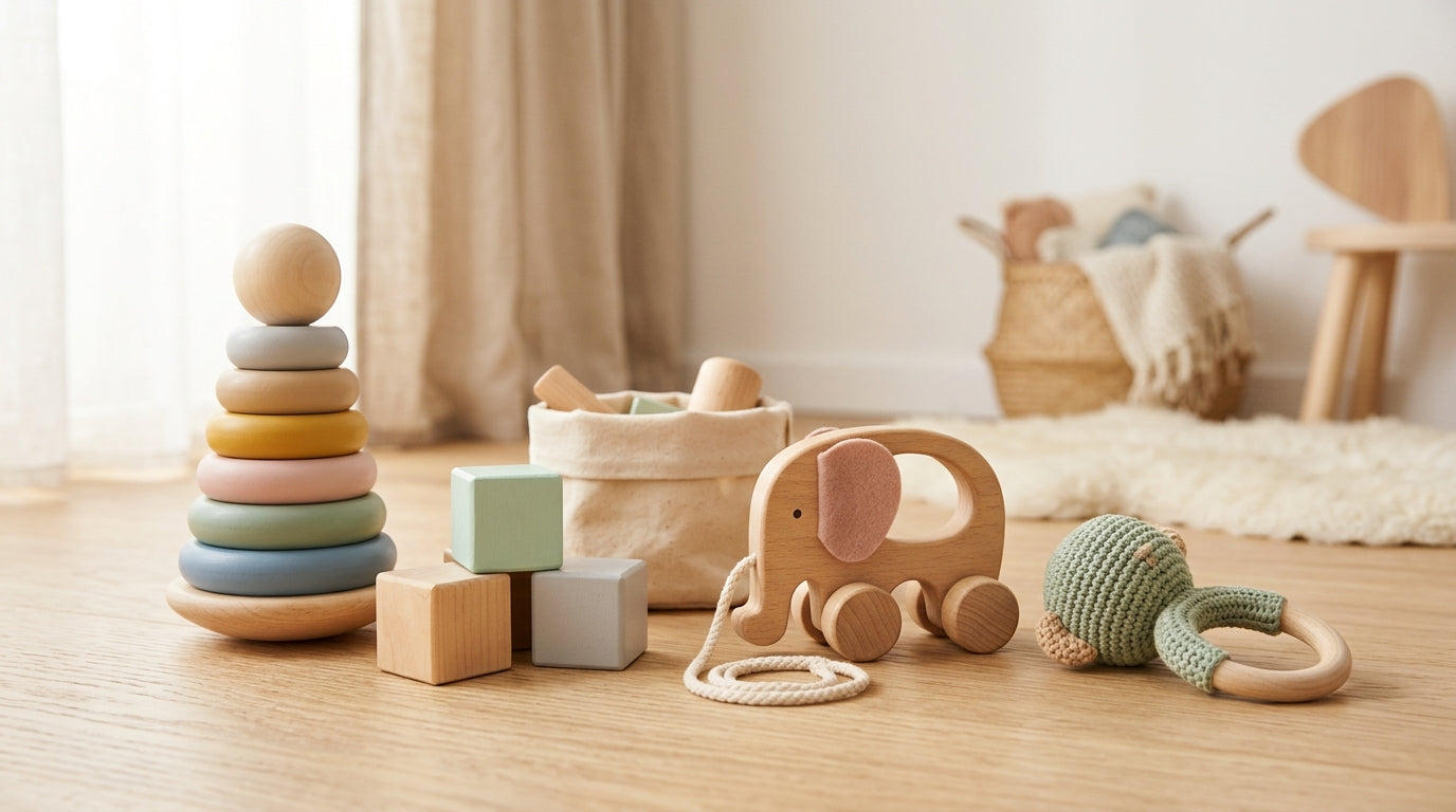 Messy living room floor covered in wooden toys and a half-empty coffee mug.