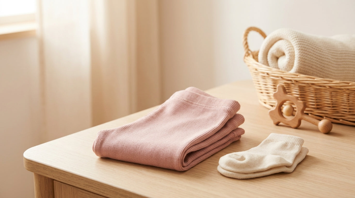 Toddler wearing soft ribbed organic cotton baby leggings sitting on a rug