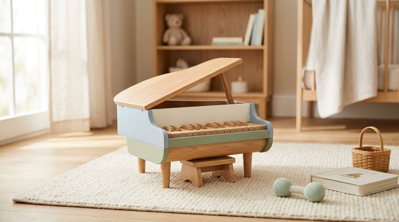 Wooden infant piano sitting on a living room rug surrounded by toys