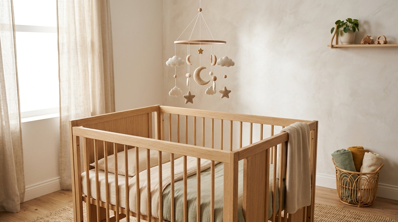 A tired father holding a wooden baby mobile in a messy nursery