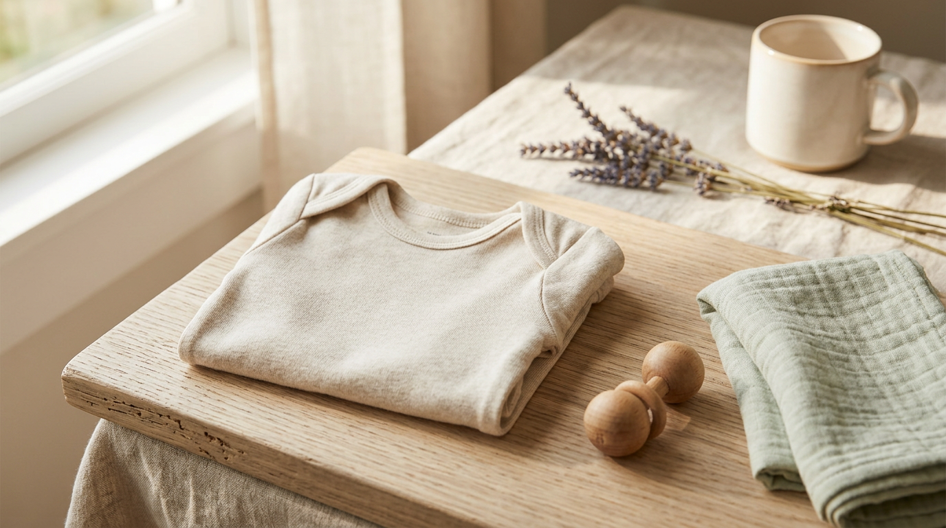 Messy laughing baby wearing a soft organic cotton ribbed shirt on a living room playmat