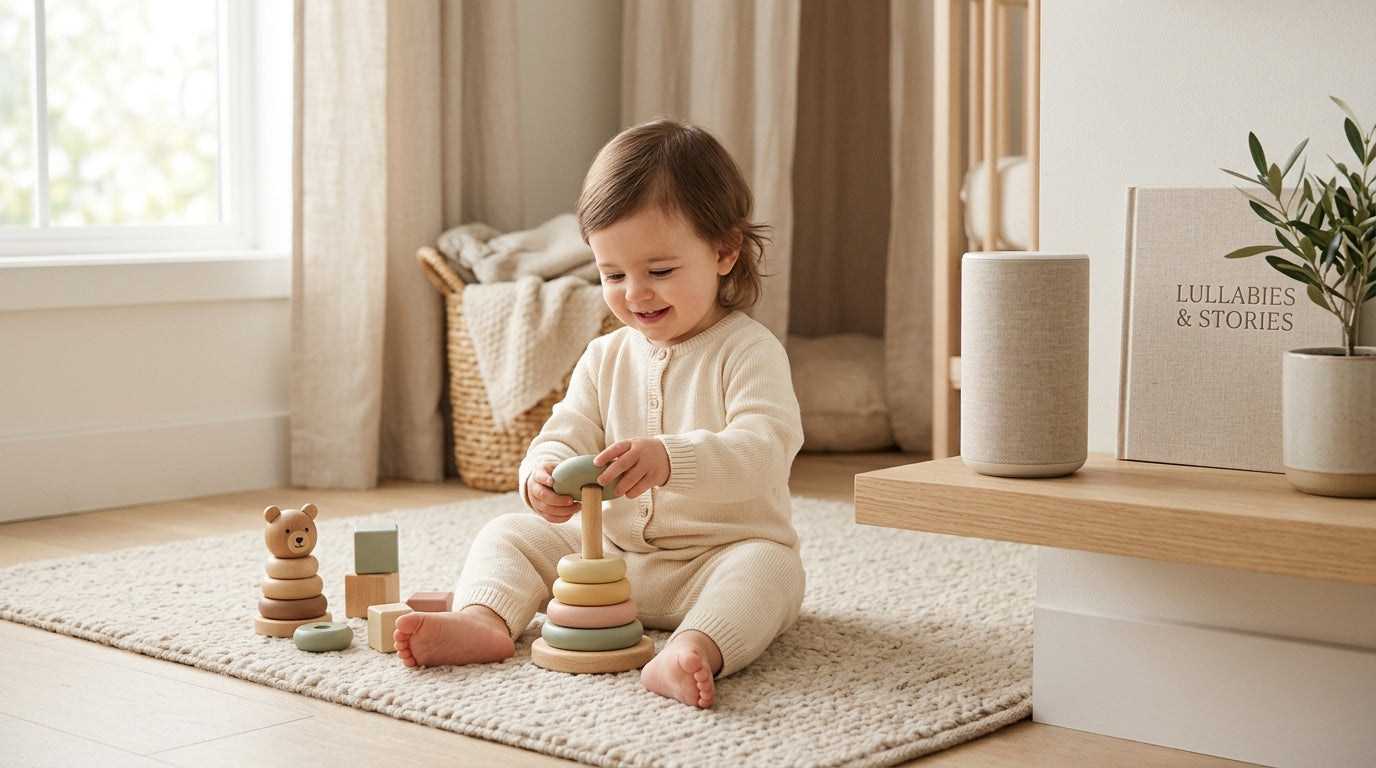Toddler sitting on a round vegan leather play mat in a quiet nursery