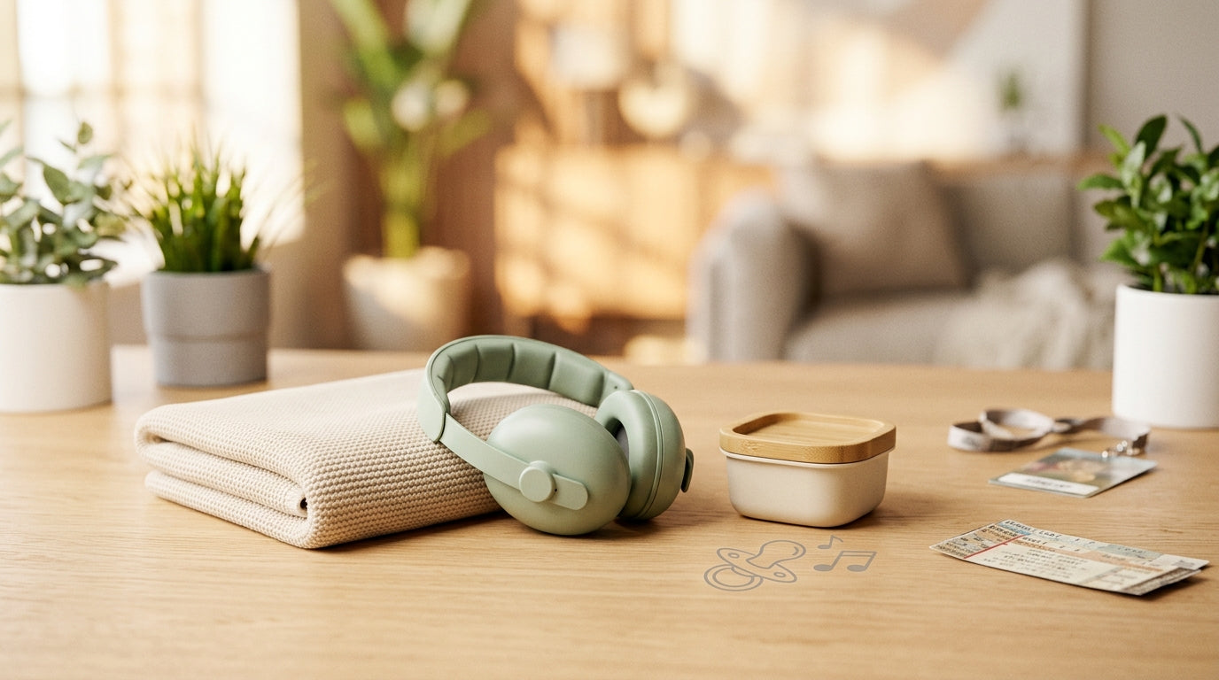 Infant wearing pink noise-canceling headphones at a loud music festival