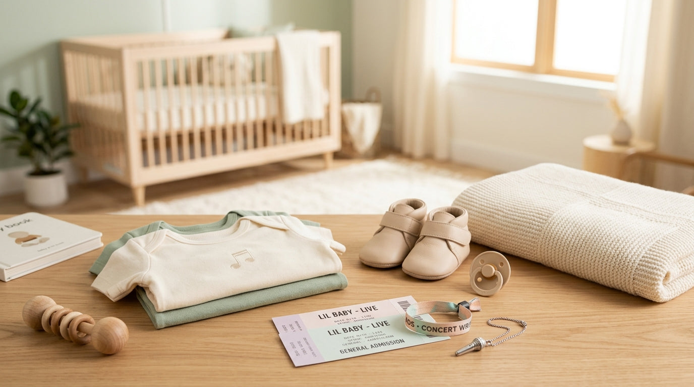 Stressed mom holding baby and checking concert tickets on phone