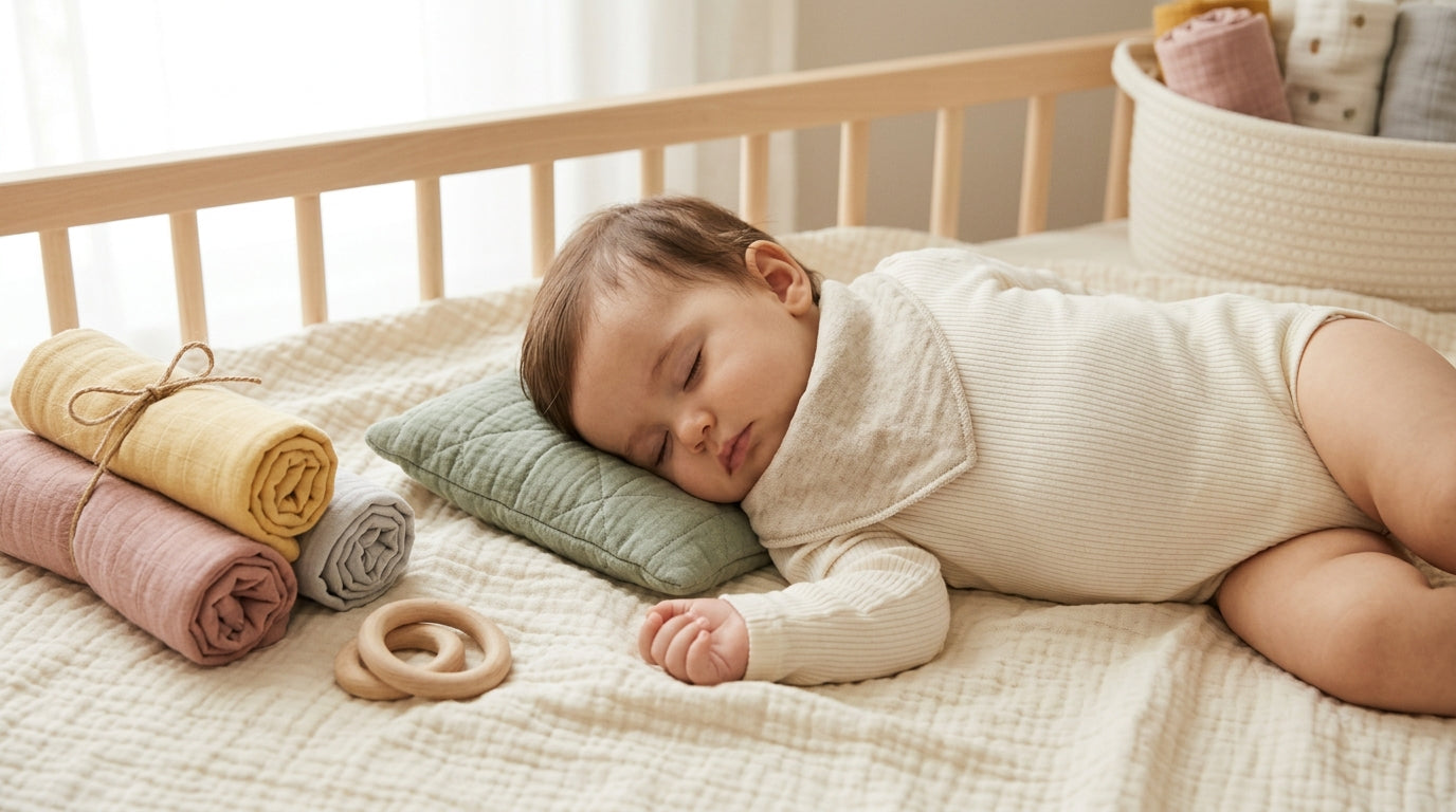 Teething baby chewing on a silicone sushi toy while wearing a soft organic cotton outfit to manage excessive drool.