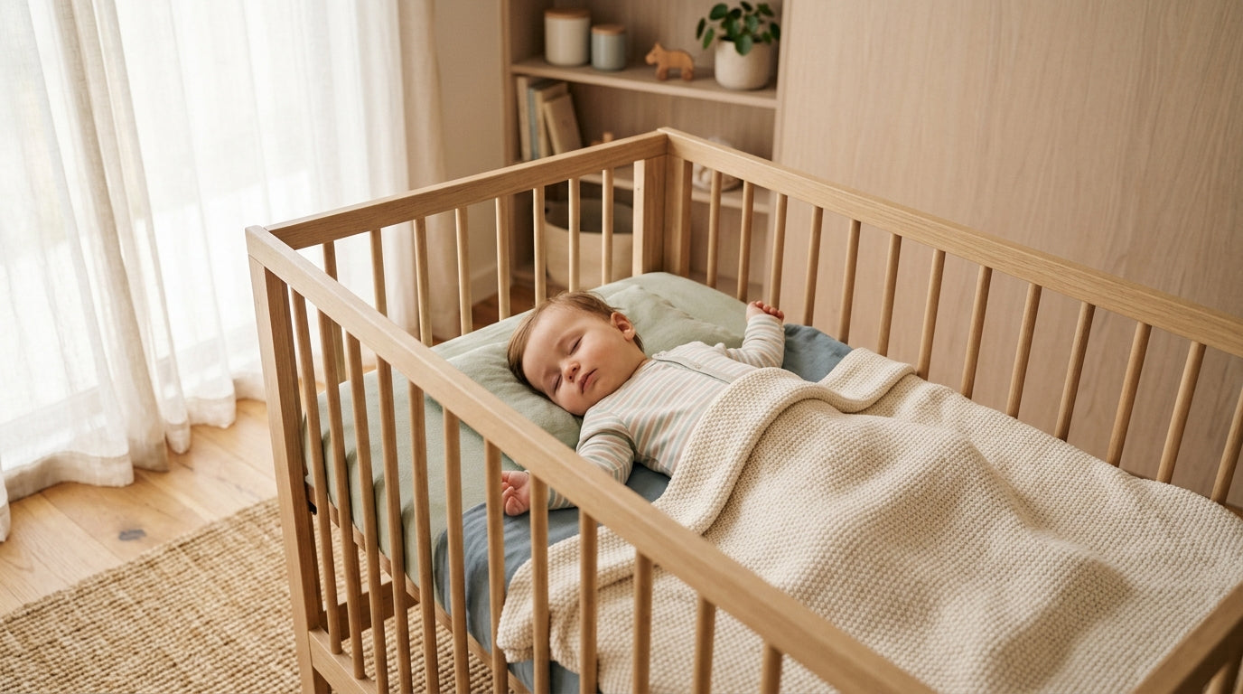 Exhausted dad trying to measure a squirming toddler on a wooden floor
