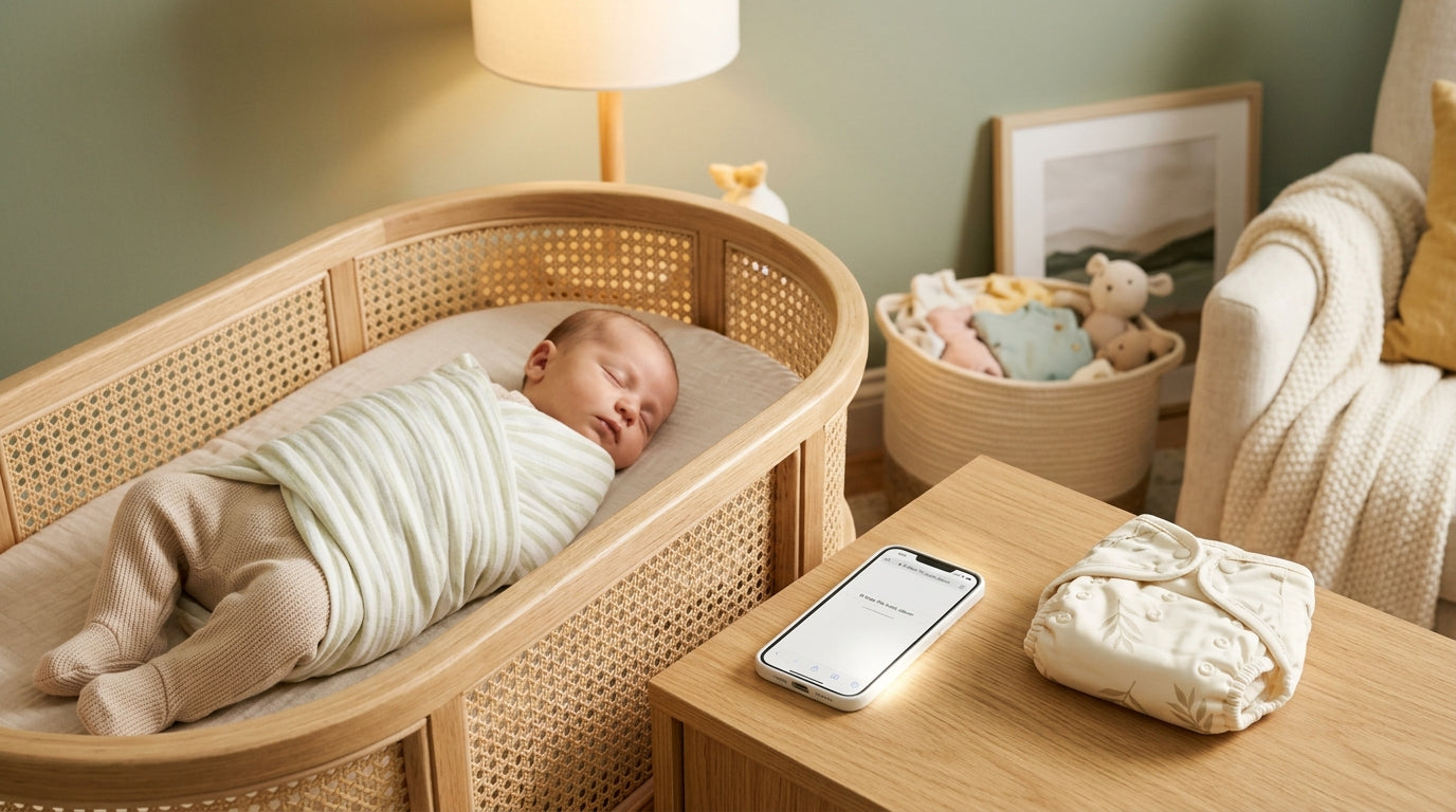 Exhausted mom holding a baby in a white organic cotton bodysuit after a leak.