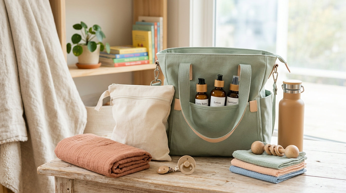 Mom packing bags for traveling with an infant while holding a cold cup of coffee