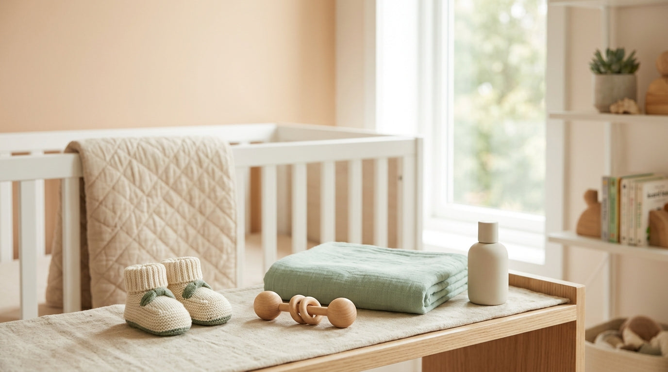Tired mom holding a wooden toy instead of a smartphone