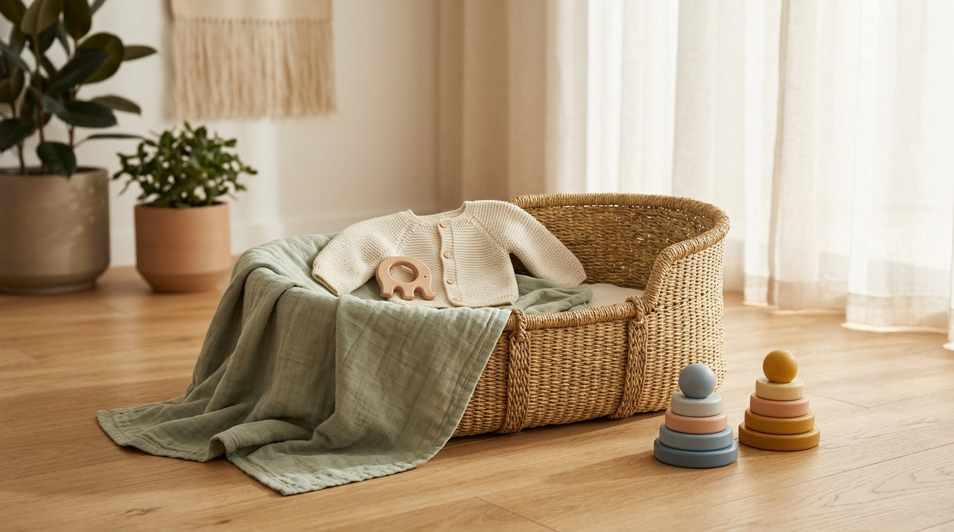 Vintage nursery window next to a modern smart baby monitor and organic cotton clothes.
