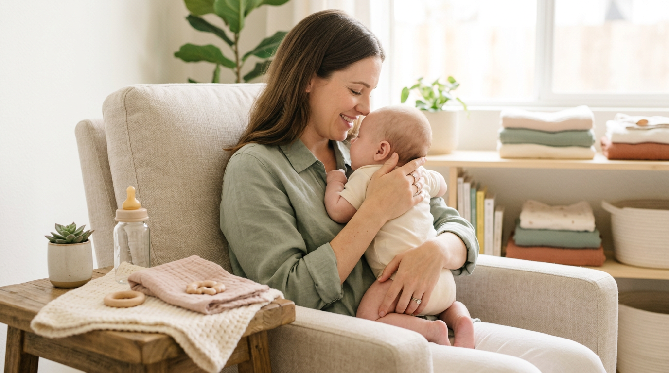 Exhausted mother holding her crying baby while looking at her phone in a dark nursery