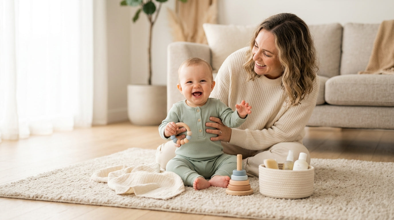 Tired mom holding a coffee cup while a toddler in an organic cotton onesie pulls her hair.
