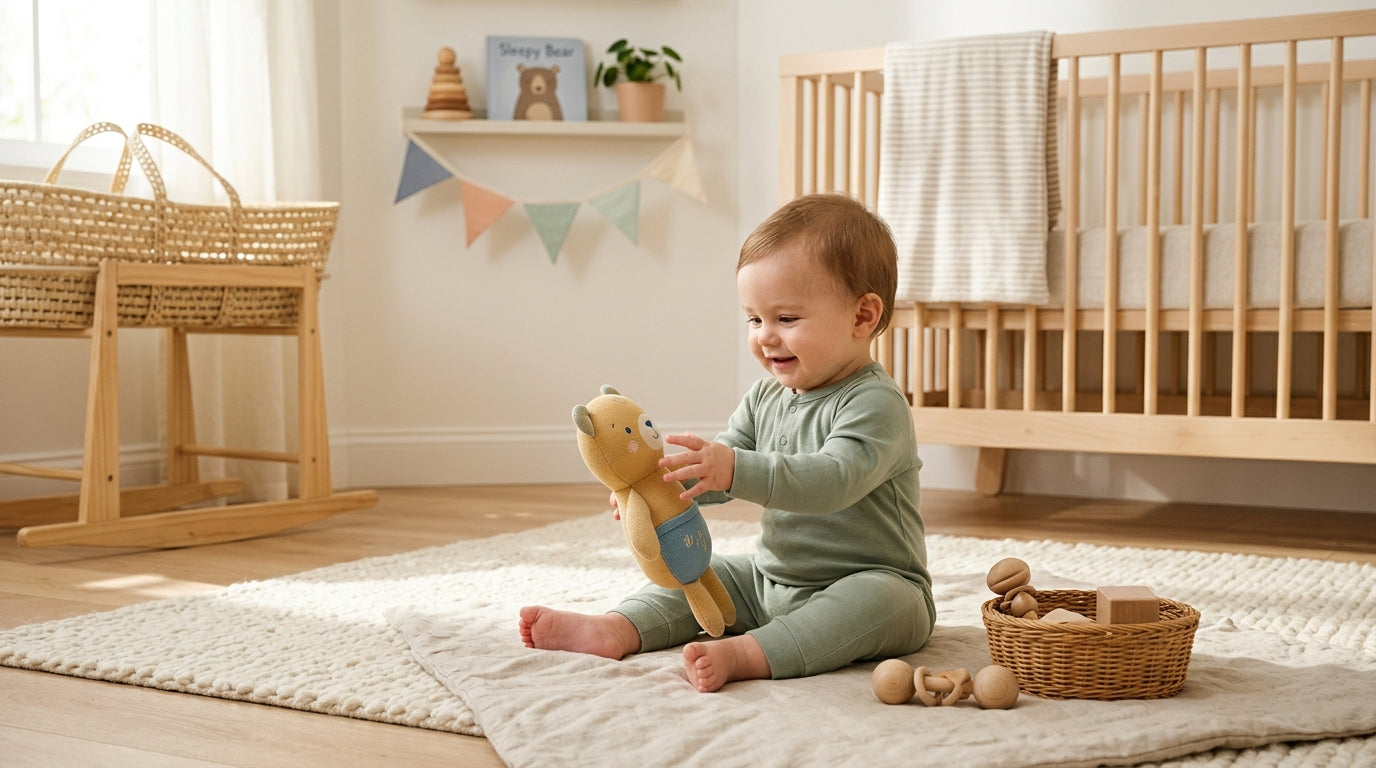 Toddler watching a screen while playing with toys on a living room rug