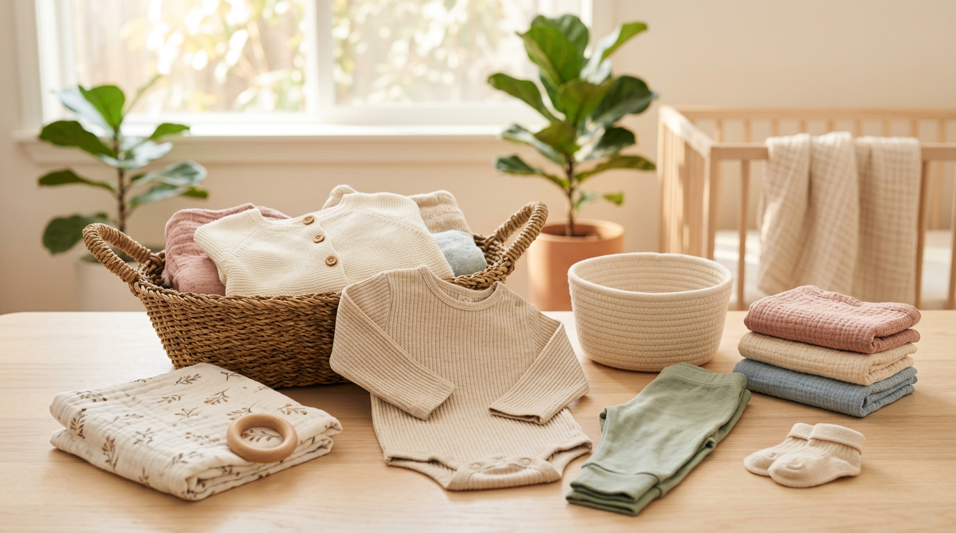 A pile of soft little cotton clothes and baby bodysuits dumped on a messy bedroom floor next to a half-empty coffee mug.