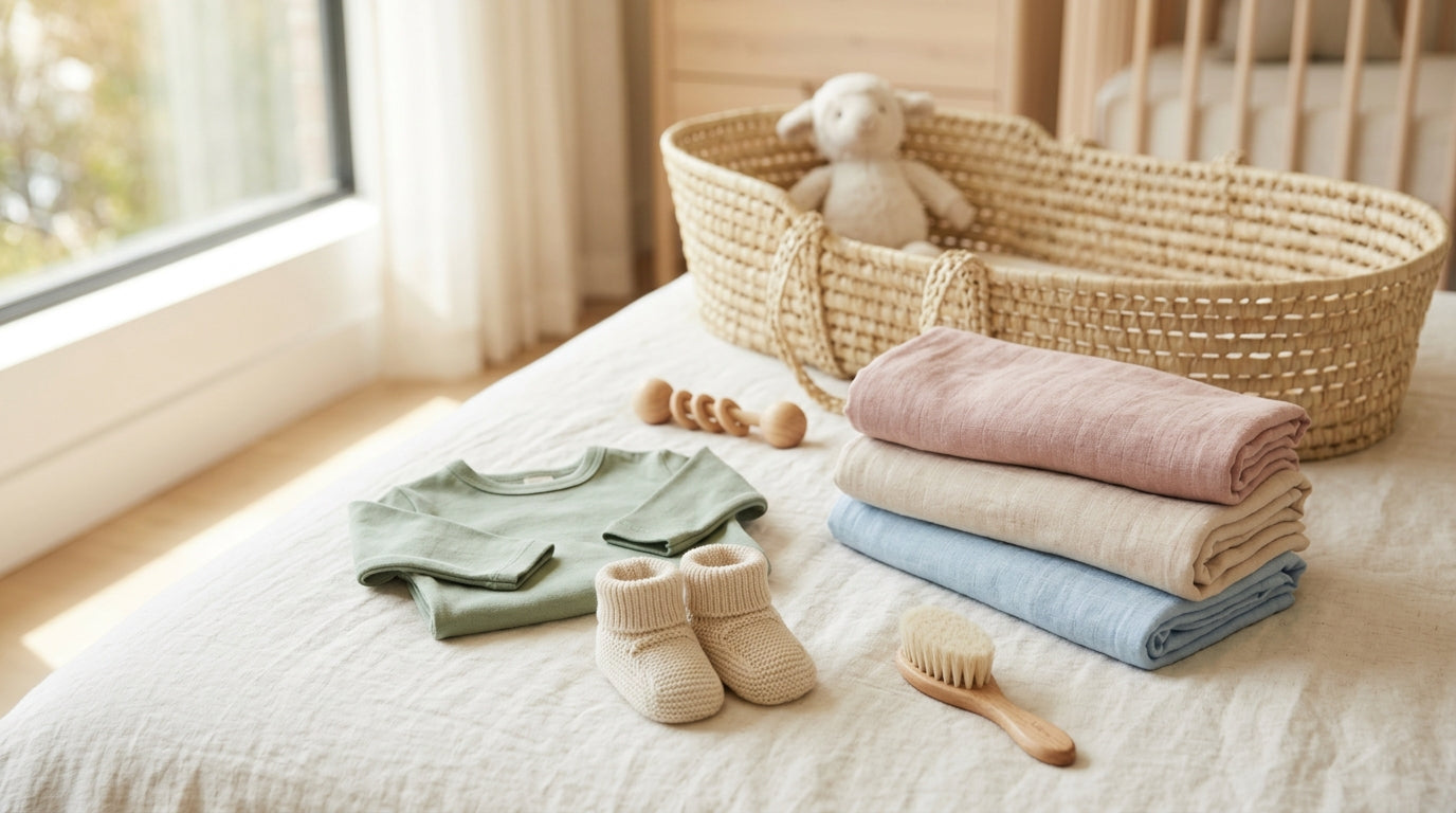 Mom folding a pile of soft newborn baby clothes on a bed
