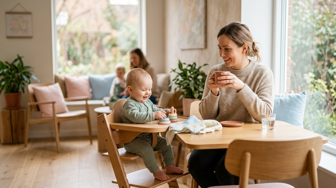 Exhausted mom drinking coffee while holding a newborn in a support group