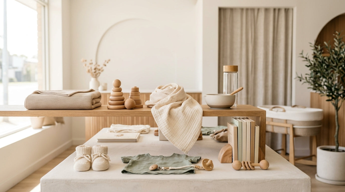 Tired mother testing a baby stroller inside a local retail shop