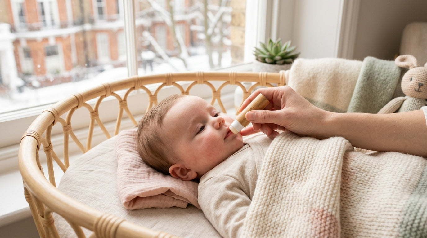 A tired dad holding a twin girl with a slightly chapped mouth in winter.