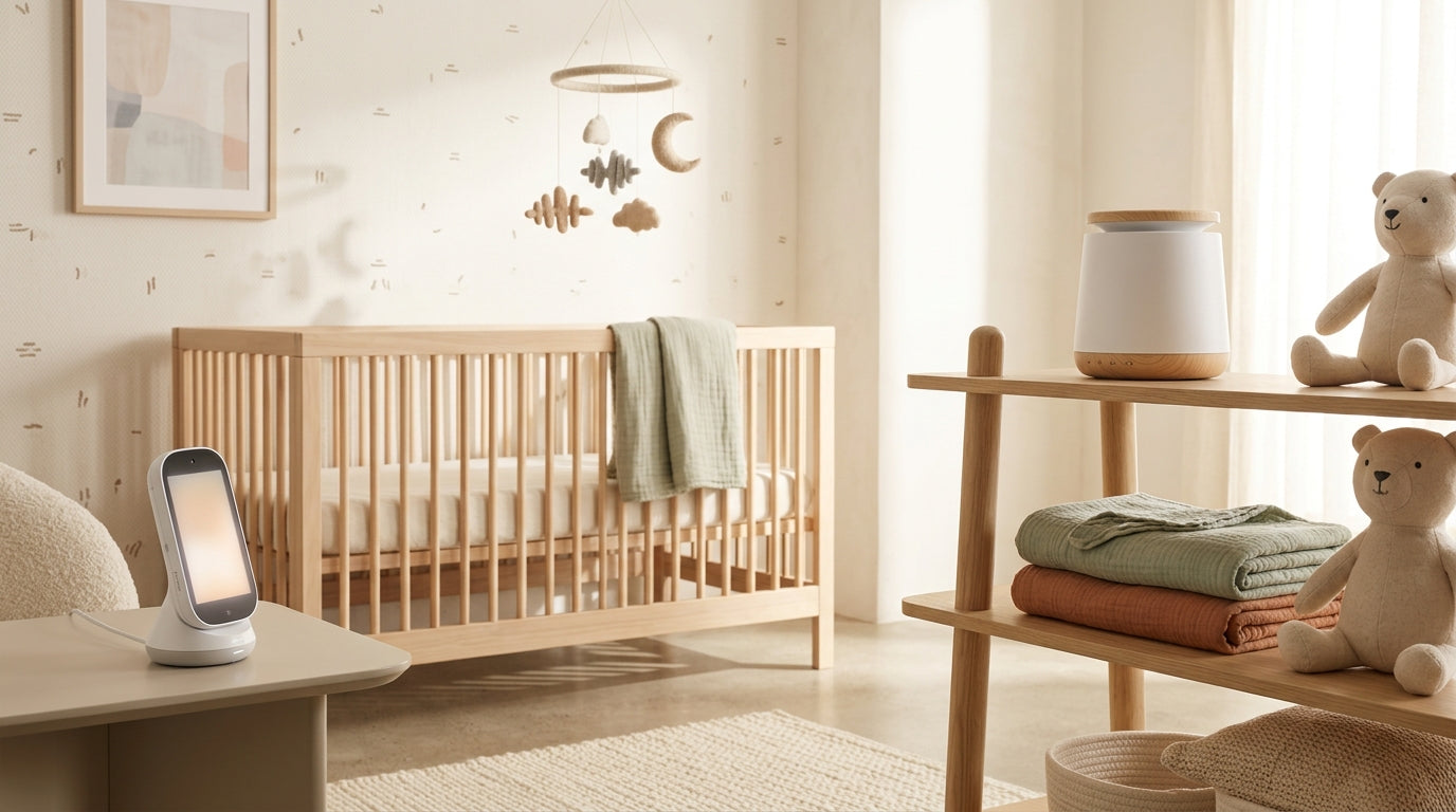 Baby playing on a wooden play gym while parents listen to music in the living room