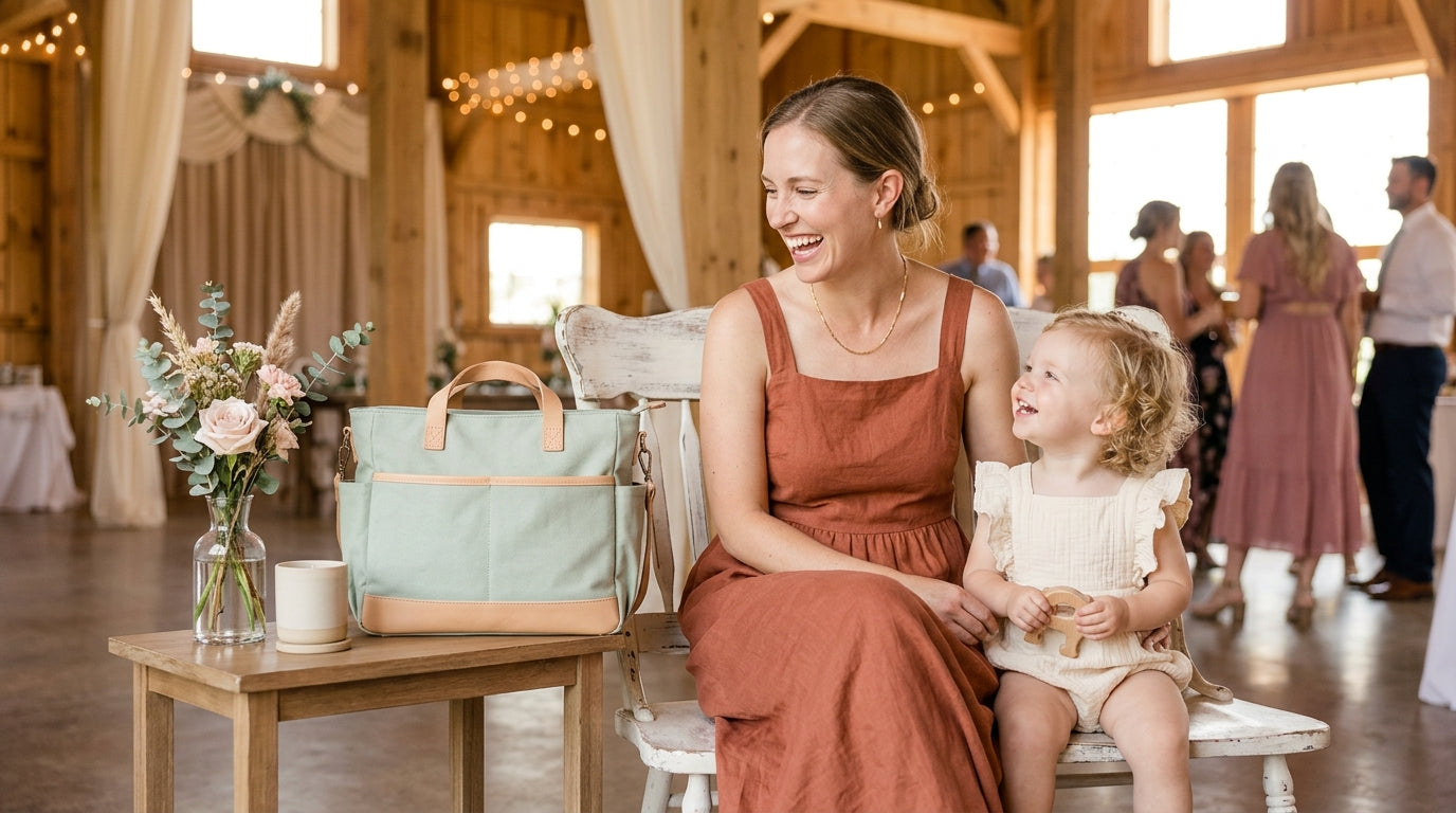 Tired mom holding a sleeping baby outside a loud party barn