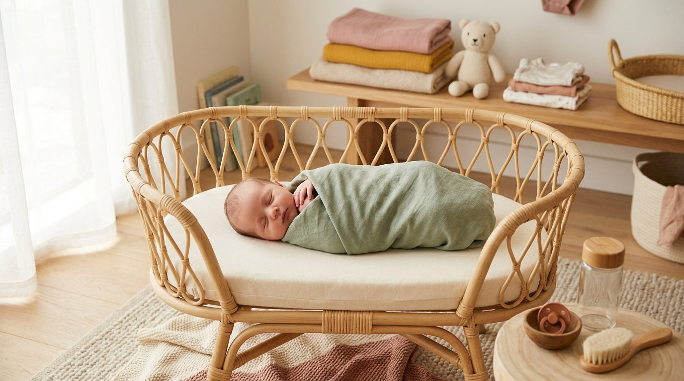 Exhausted mother sitting in a dim nursery holding a fussy newborn